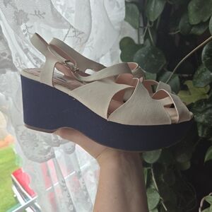 Elegant Cream and Navy Women's Wedge Sandals 9.5 To 10